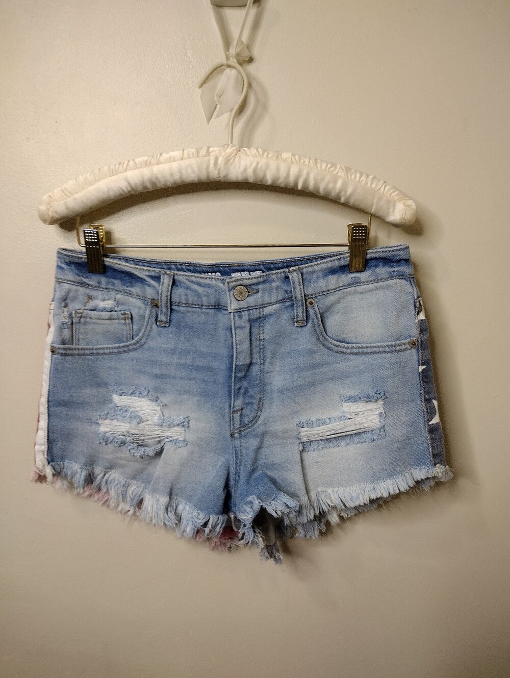 Mossimo American Flag Print Distressed Light Blue Denim Shorts